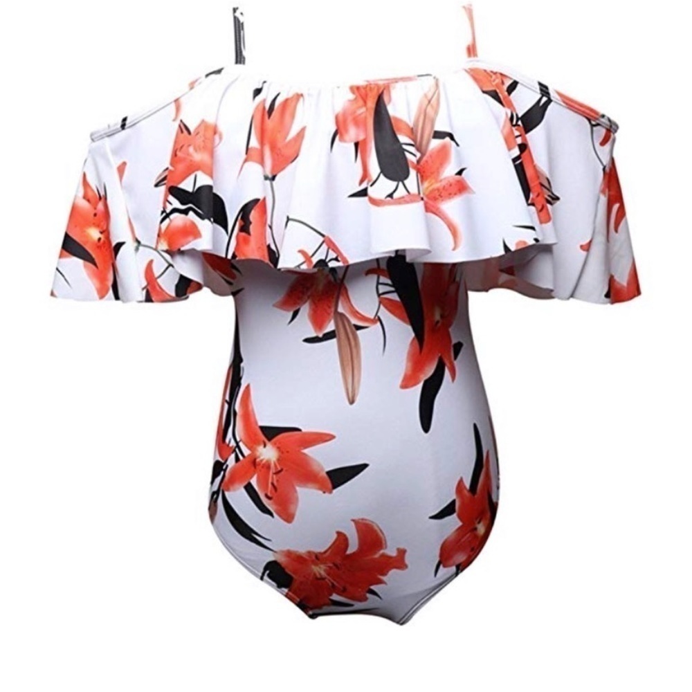 Tropical Orange Floral Print Ruffle Trim Swimsuit
